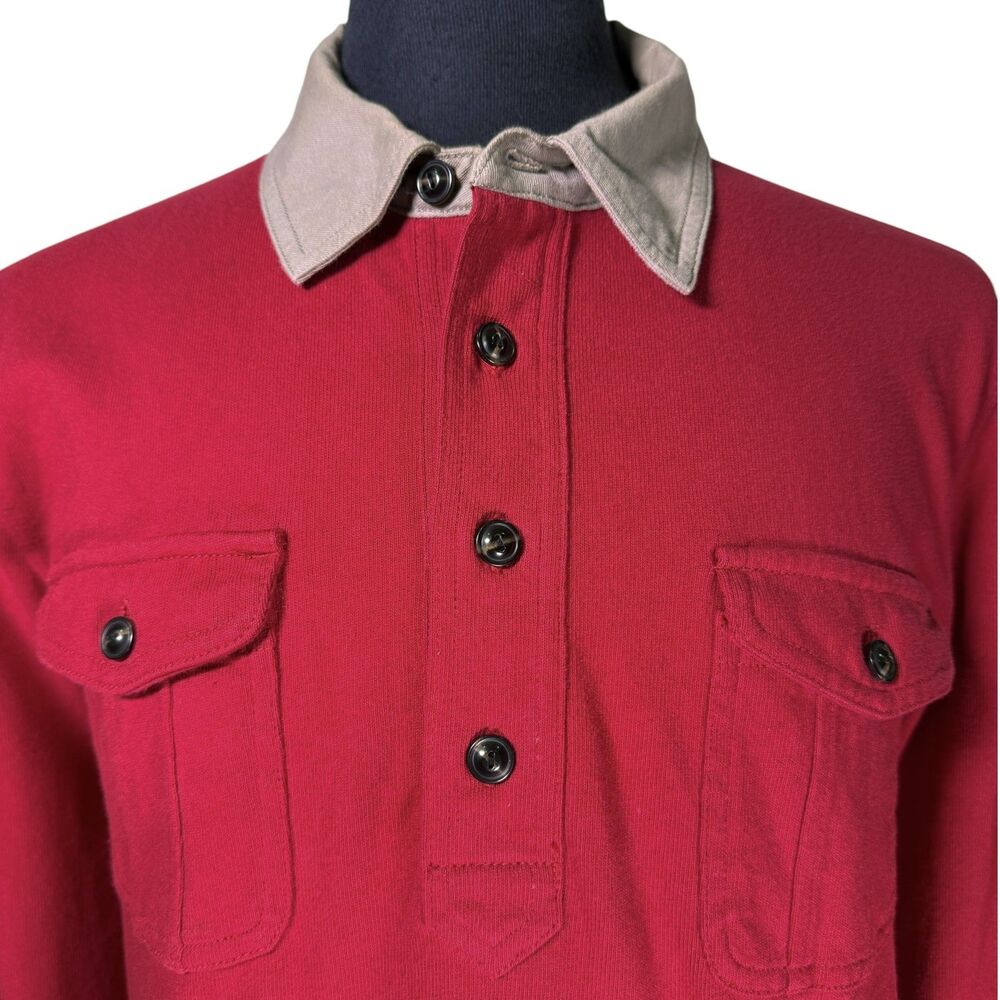 Lands' End Canvas Mens Large Red Rugby Polo Shirt Long Sleeve Cotton Pockets - Picture 5 of 7